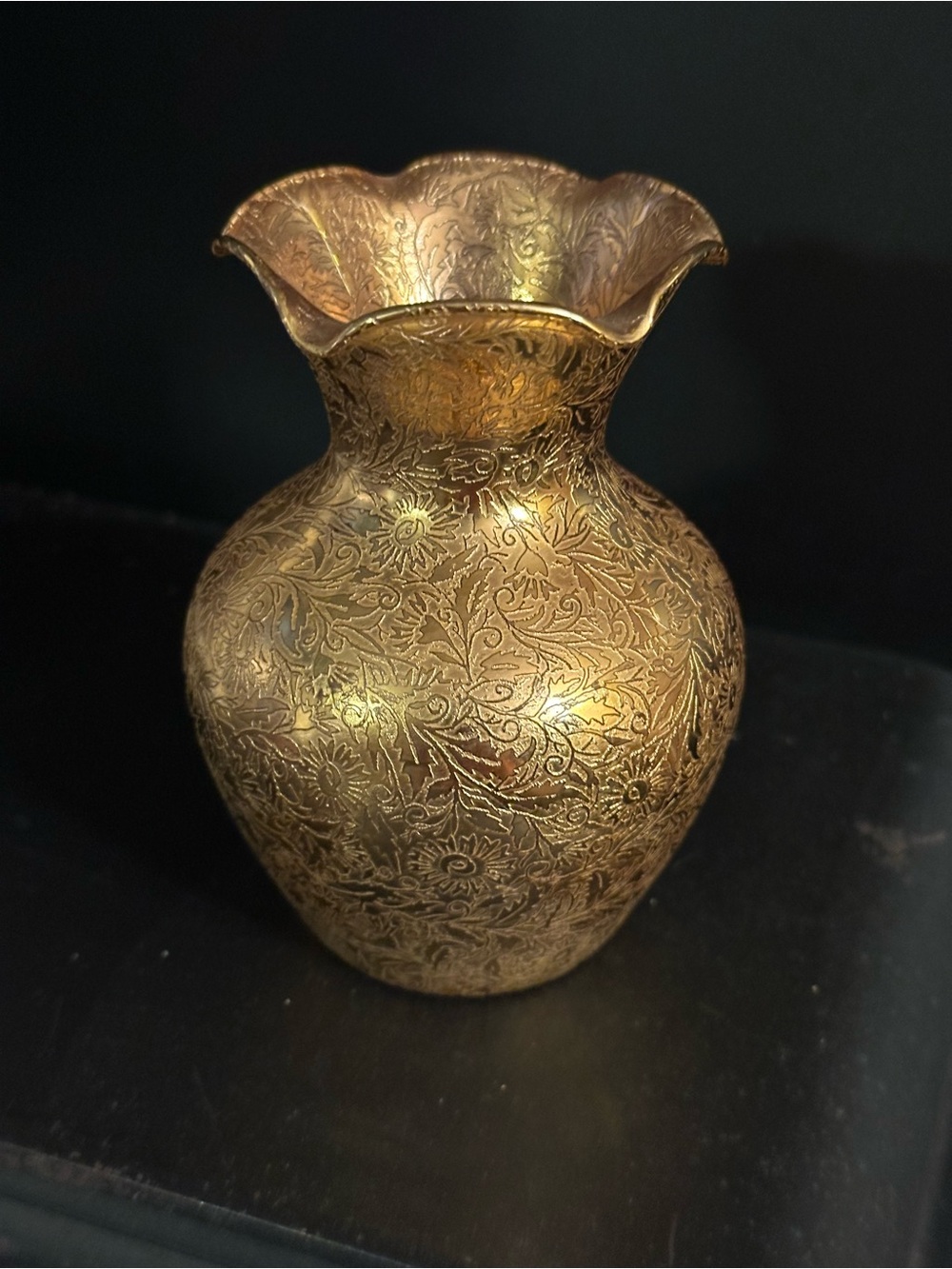 Vtg Lotus Glass Co. 22 Karat Gold Overlay Ruffle Top Gilded Vase